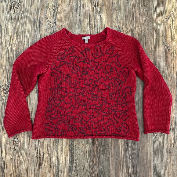 J. Jill Knit Sweater Women’s Small Petite 5% Wool Red Gray Embroidered Pullover - Picture 1 of 10